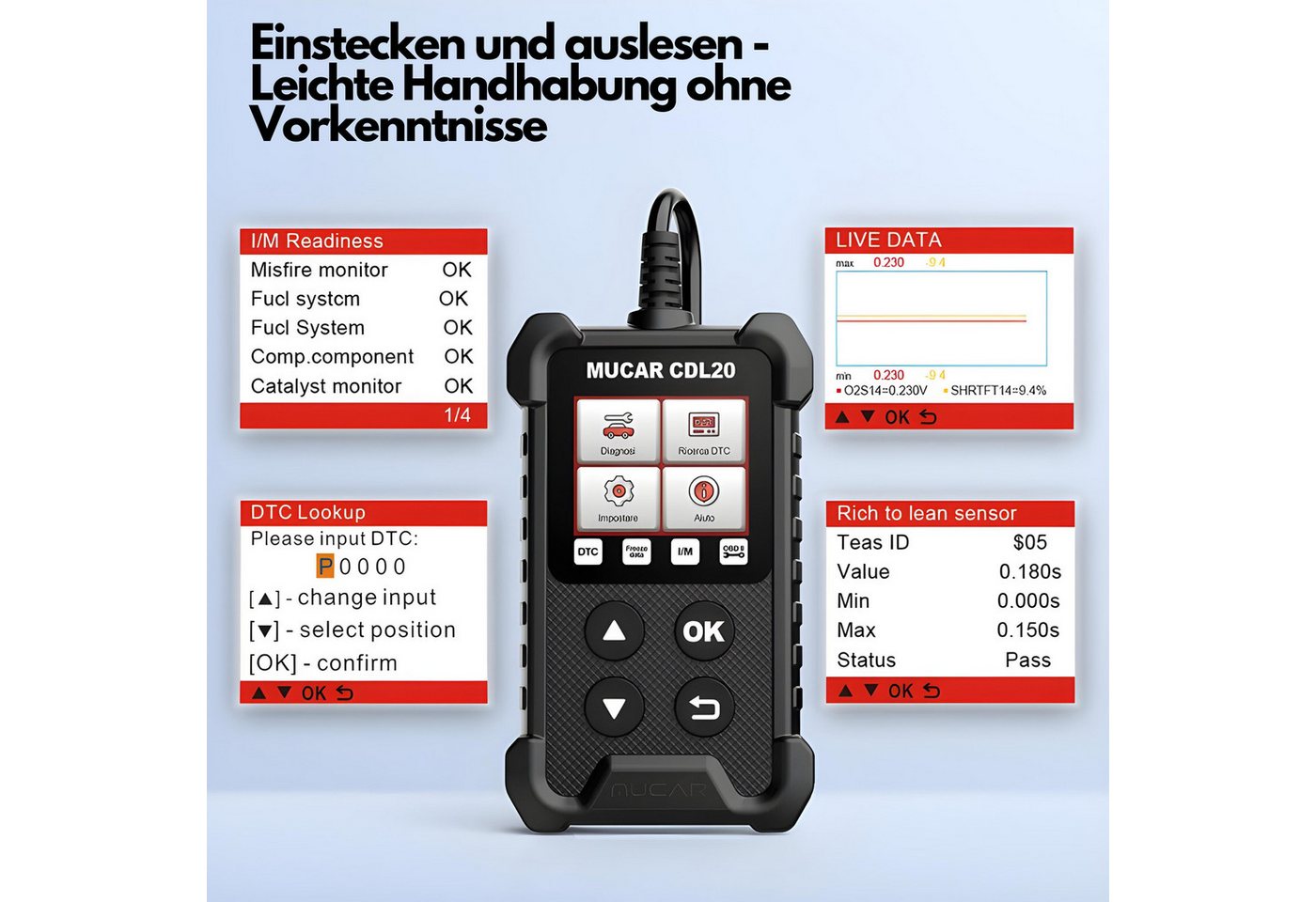 MUCAR Kfz-Diagnosegerät OBD2-Diagnosegerät OBD2 Profi KFZ Diagnosegerät Auto Auslesegerät, Auto Diagnosetester, KfZ Diagnosegerät, Live Parameter, Fehlercodes – Bild 4 von 5