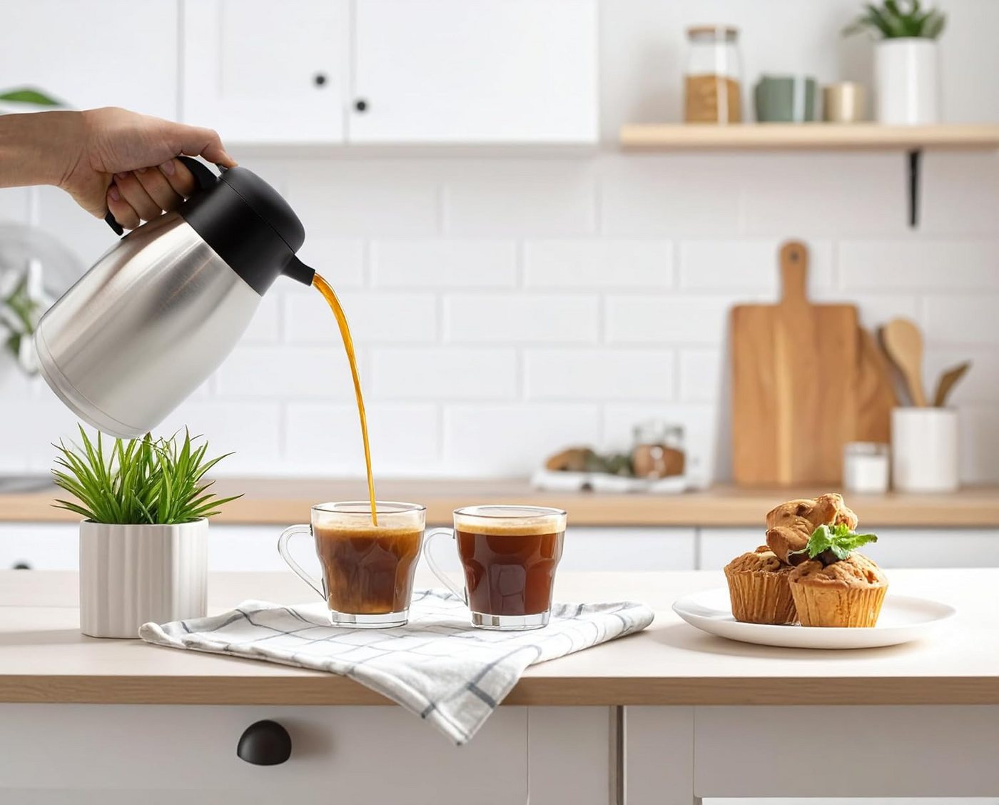 mucHome Isolierkanne Thermoskanne 1,5L Edelstahl Doppelwandig Kaffeekanne Einhandbedienung, 1,5 l – Bild 2 von 5