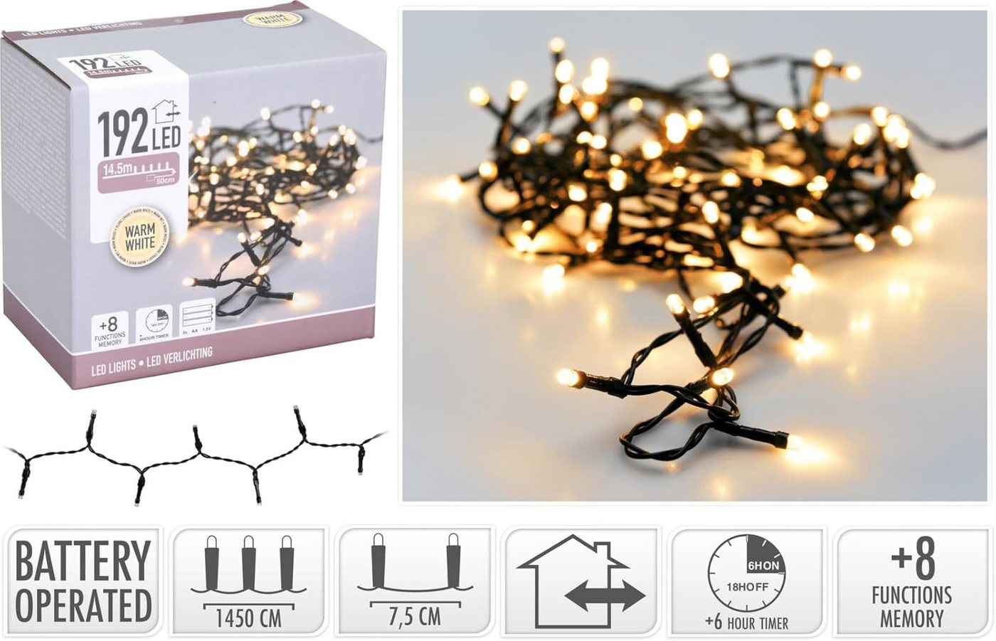 mucHome LED-Lichterkette 1,8-14,5 Meter warmweiß Batterie 8 Funktionen inkl. 6-Std Timer – Bild 4 von 4