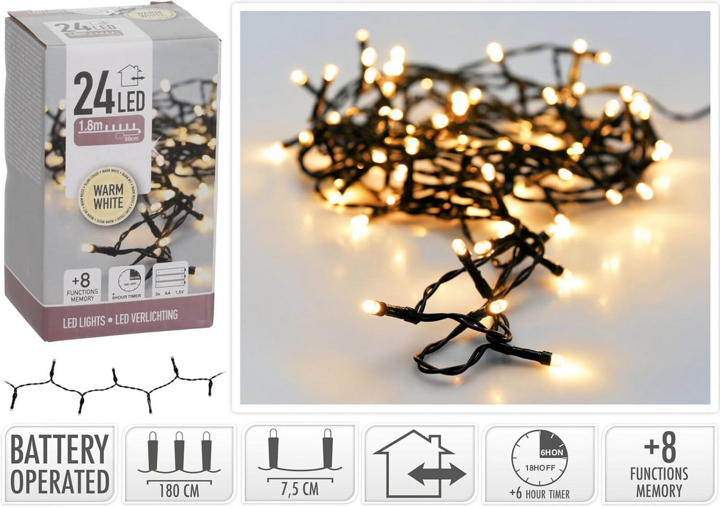 mucHome LED-Lichterkette 1,8-14,5 Meter warmweiß Batterie 8 Funktionen inkl. 6-Std Timer – Bild 4 von 4