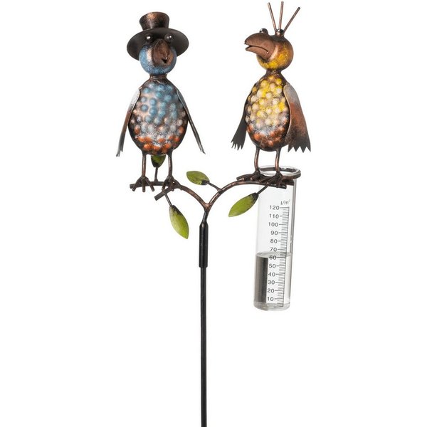 mucHome Regenmesser mit Glas Rabe aus Metall, Rabenpaar Vogel Regenmesser (inkl. Glas mit Skala, bunt lackiert)