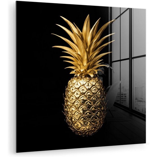 MuchoWow Acrylglasbild Ananas - Schwarz - Gold - Luxus, Inkl. Aufhängung, Bilder auf Glas Wandbild, Wanddeko Wohnzimmer Badezimmer, 20x20 cm