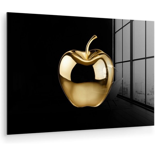 MuchoWow Acrylglasbild Apfel - Gold - Chrom - Schwarz, Inkl. Aufhängung, Glasbilder Wohnzimmer, Schlafzimmer, Flur & Esszimmer, 30x20 cm