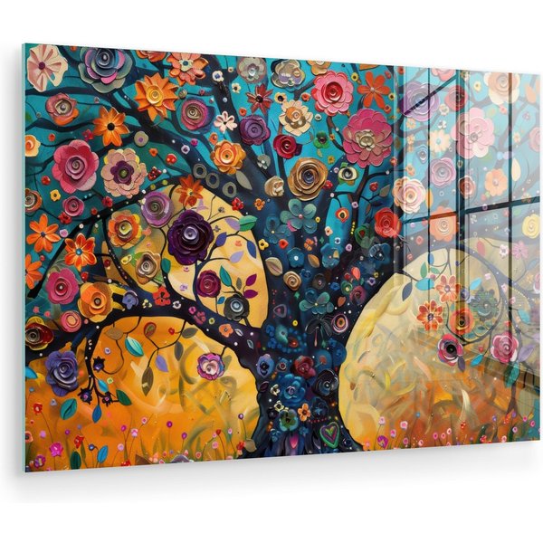 MuchoWow Acrylglasbild Baum - Lebensbaum - Farbenfroh - Blumen - Modern, Inkl. Aufhängung, Glasbilder Wohnzimmer, Schlafzimmer, Flur & Esszimmer, 30x20 cm