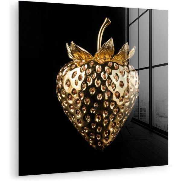 MuchoWow Acrylglasbild Erdbeere - Gold - Schwarz - Chrom, Inkl. Aufhängung, Bilder auf Glas Wandbild, Wanddeko Wohnzimmer Badezimmer, 20x20 cm