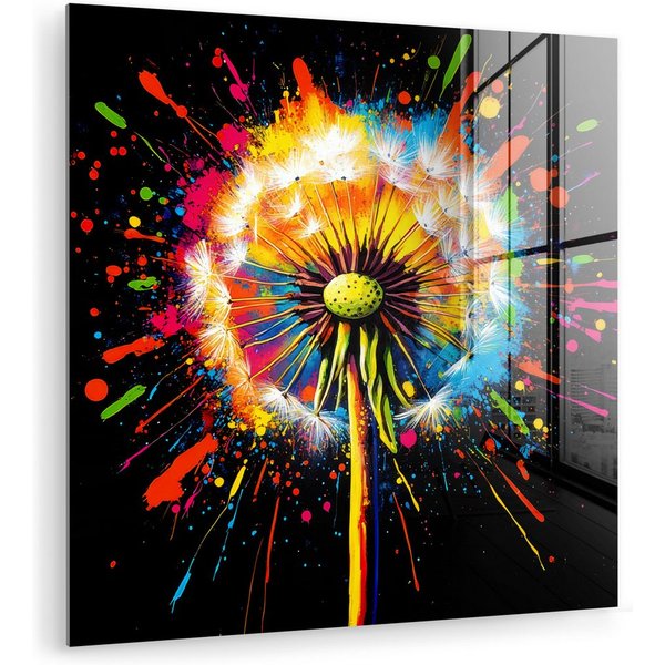 MuchoWow Acrylglasbild Löwenzahn - Graffiti - Farbenfroh - Blumen - Natur, Inkl. Aufhängung, Bilder auf Glas Wandbild, Wanddeko Wohnzimmer Badezimmer, 20x20 cm
