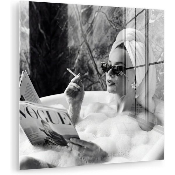 MuchoWow Acrylglasbild Relaxt - Bad - Schwarz - Weiß, Inkl. Aufhängung, Bilder auf Glas Wandbild, Wanddeko Wohnzimmer Badezimmer, 20x20 cm