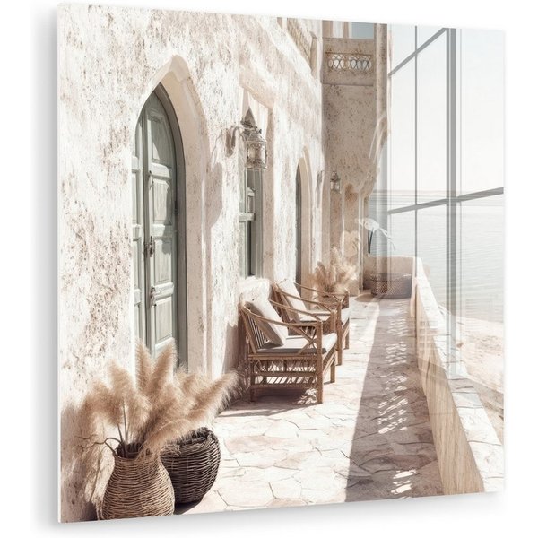 MuchoWow Acrylglasbild Terrasse - Stühle - Strand - Beige, Inkl. Aufhängung, Bilder auf Glas Wandbild, Wanddeko Wohnzimmer Badezimmer, 20x20 cm