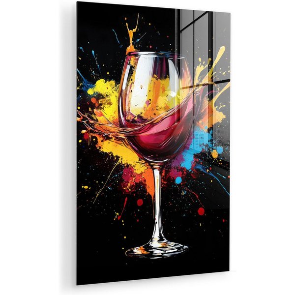 MuchoWow Acrylglasbild Wein - Glas - Graffiti - Getränk - Rot - Farbe, Inkl. Aufhängung, Dekorative Bild für Küche & Wohnzimmer auf Glas, 20x30 cm