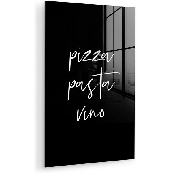 MuchoWow Acrylglasbild Zitat - Pizza, Pasta, Vino - Schwarz - Weiß, Inkl. Aufhängung, Wandbilder auf Glas Küche, Acrylglas Küchenbilder, 30x20 cm