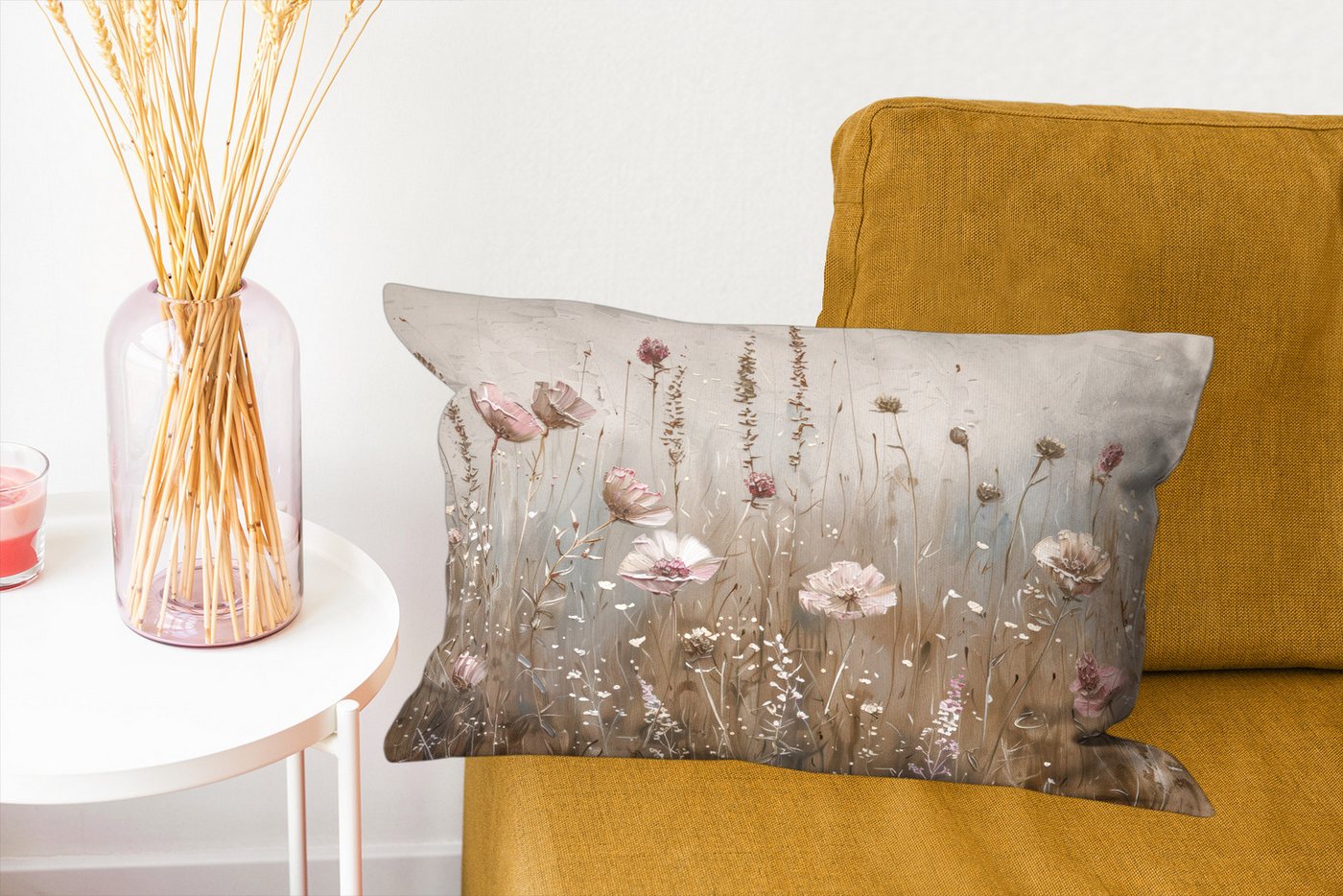 MuchoWow Dekokissen Blumen - Rosa - Modern - Beige, Dekoration, Zierkissen, Kissen mit Füllung, 50x30 cm – Bild 5 von 5