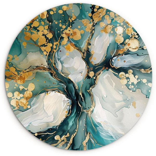 MuchoWow Gemälde Baum - Modern - Lackoptik - Türkis - Gold, Fotodruck (1 St), Kreis Wanddekoration, Rundes Wandbild, 30x30 cm
