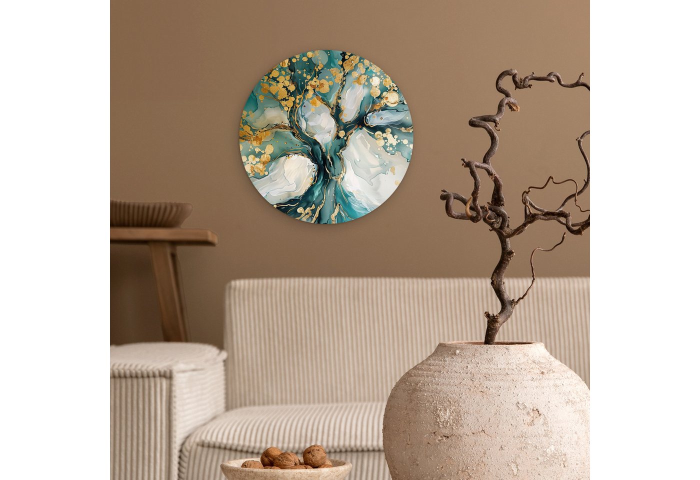 MuchoWow Gemälde Baum - Modern - Lackoptik - Türkis - Gold, Fotodruck (1 St), Kreis Wanddekoration, Rundes Wandbild, 30x30 cm – Bild 2 von 5