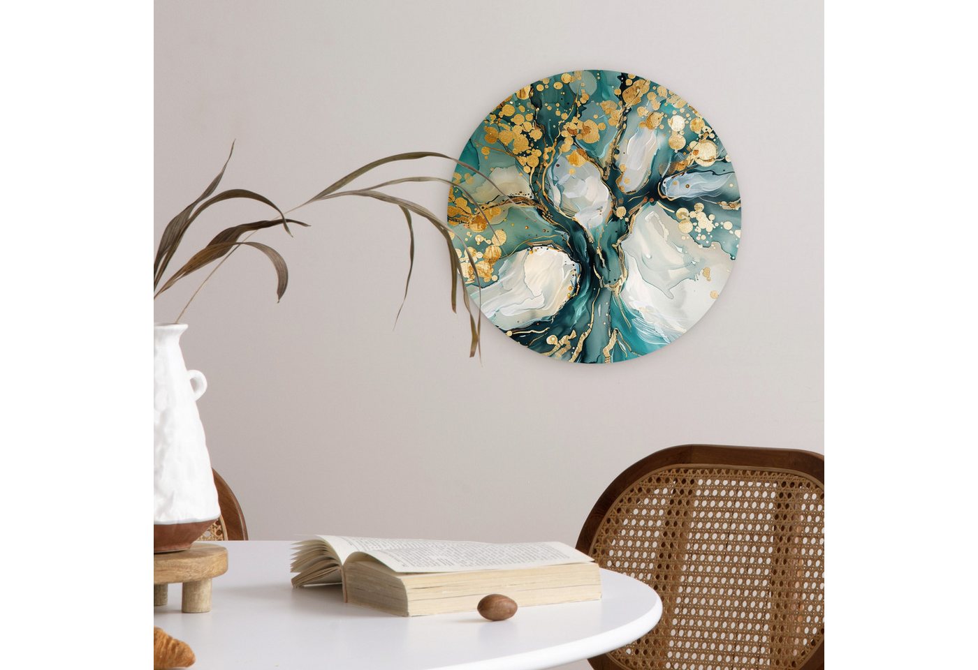 MuchoWow Gemälde Baum - Modern - Lackoptik - Türkis - Gold, Fotodruck (1 St), Kreis Wanddekoration, Rundes Wandbild, 30x30 cm – Bild 5 von 5