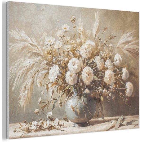MuchoWow Gemälde Blumen - Vase - Stilleben - Beige, Fotodruck (1 St), Akustikpaneele PET-Filz, Akustikbild, Schalldämmung, Deko 40x30 cm