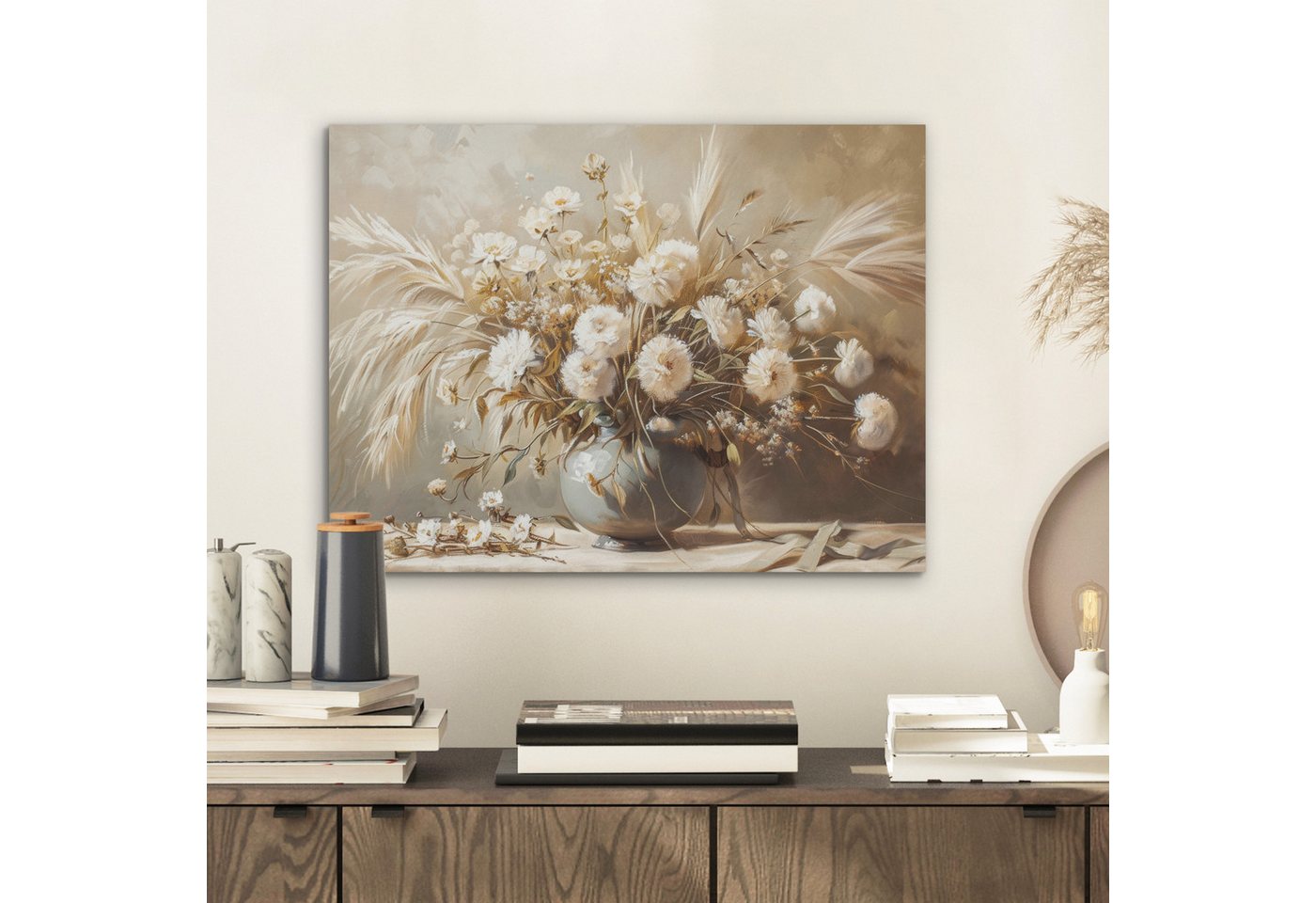 MuchoWow Gemälde Blumen - Vase - Stilleben - Beige, Fotodruck (1 St), Akustikpaneele PET-Filz, Akustikbild, Schalldämmung, Deko 40x30 cm – Bild 2 von 5