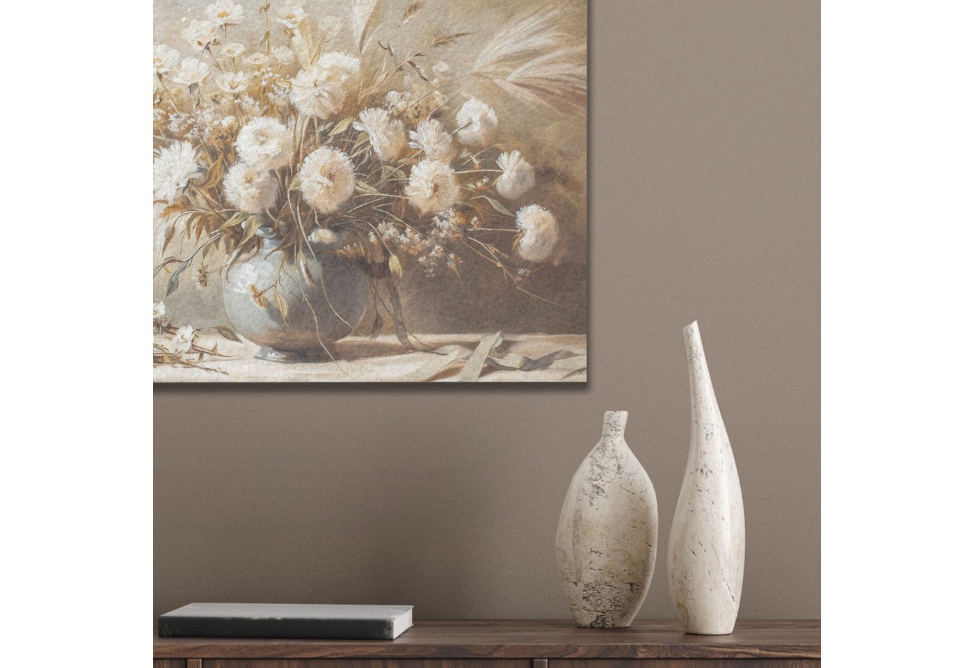 MuchoWow Gemälde Blumen - Vase - Stilleben - Beige, Fotodruck (1 St), Akustikpaneele PET-Filz, Akustikbild, Schalldämmung, Deko 40x30 cm – Bild 4 von 5