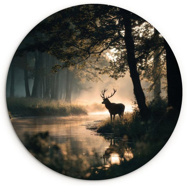 MuchoWow Gemälde Hirsche - Waldbach - Mystisch, Fotodruck (1 St), Kreis Wanddekoration, Rundes Wandbild, 30x30 cm