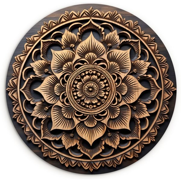 MuchoWow Gemälde Mandala - Holz - Blumen - Braun, Fotodruck (1 St), Kreis Wanddekoration, Rundes Wandbild, 30x30 cm