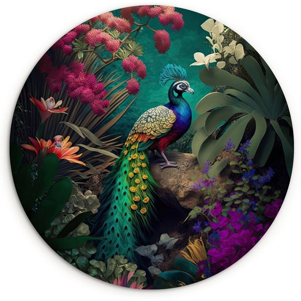MuchoWow Gemälde Pfau - Federn - Blumen - Vogel, Fotodruck (1 St), Kreis Wanddekoration, Rundes Wandbild, 30x30 cm