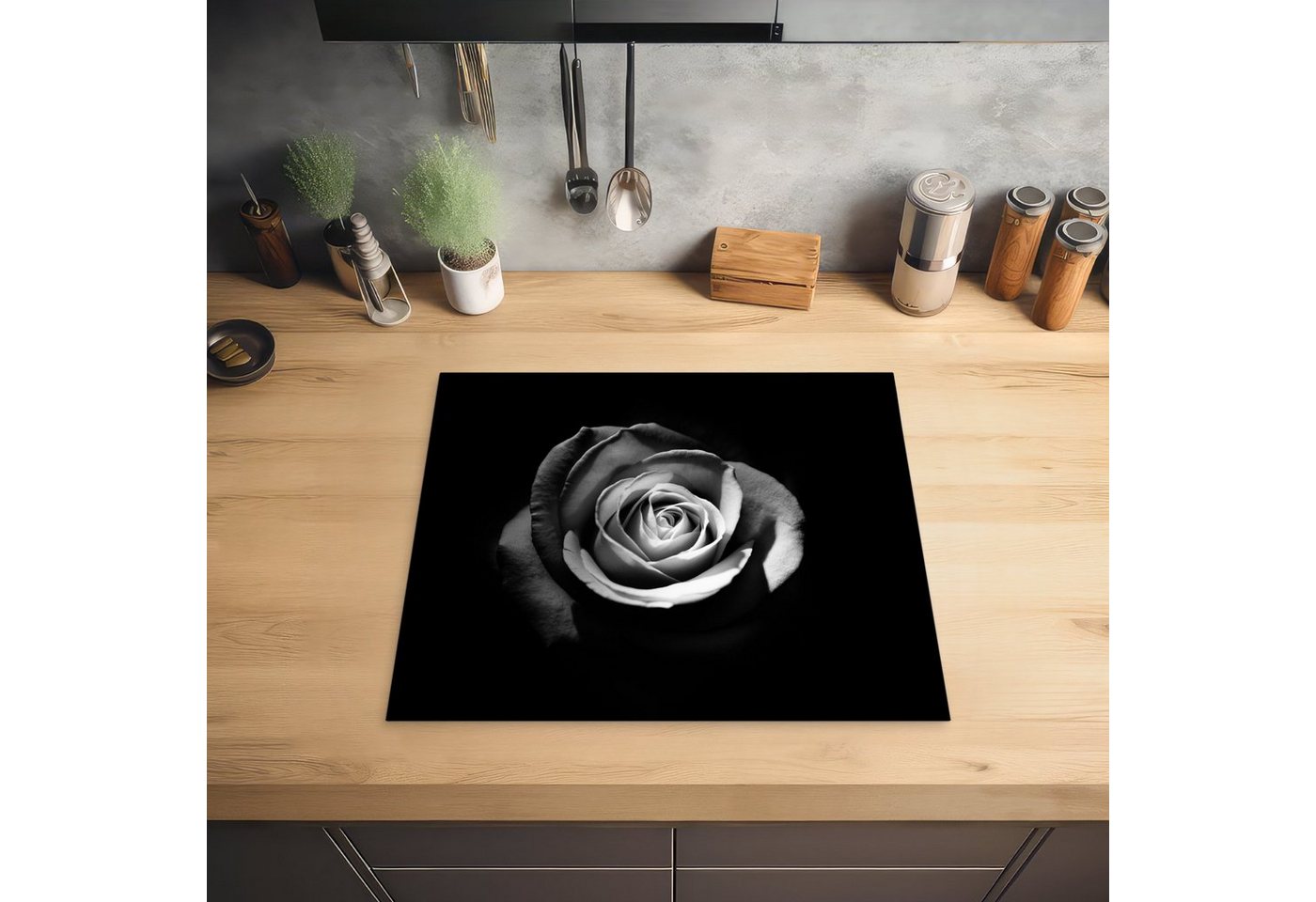 MuchoWow Herd-Abdeckplatte Blumen - Schwarz - Rose - Weiß - Botanisch, Vinyl, (1 tlg), Abdeckung Induktionskochfeld Schutzmatte, Küche Deko, 65x52 cm – Bild 3 von 4