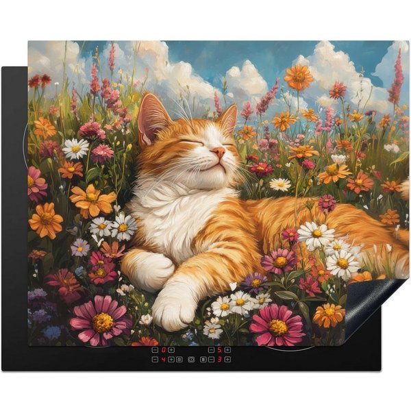 MuchoWow Herd-Abdeckplatte Katze - Blumen - Entspannen, Vinyl, (1 tlg), Abdeckung Induktionskochfeld Schutzmatte, Küche Deko, 65x52 cm