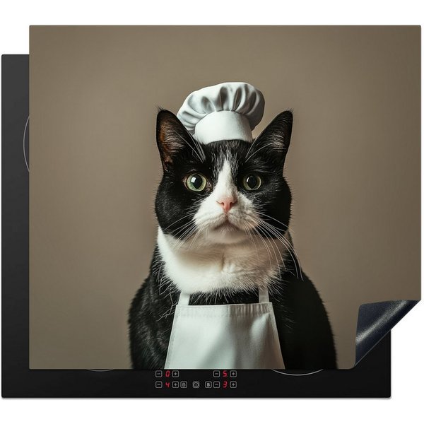 MuchoWow Herd-Abdeckplatte Katze - Kochkleidung - Schwarz - Weiß, Vinyl, (1 tlg), Cerankochfeld Abdeckung, Herd Abdeckplatten Vinyl, 58x59 cm