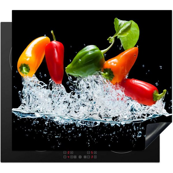 MuchoWow Herd-Abdeckplatte Paprika - Schwarz - Gemüse - Wasser - Blatt, Vinyl, (1 tlg), Cerankochfeld Abdeckung, Herd Abdeckplatten Vinyl, 58.3x51.3 cm