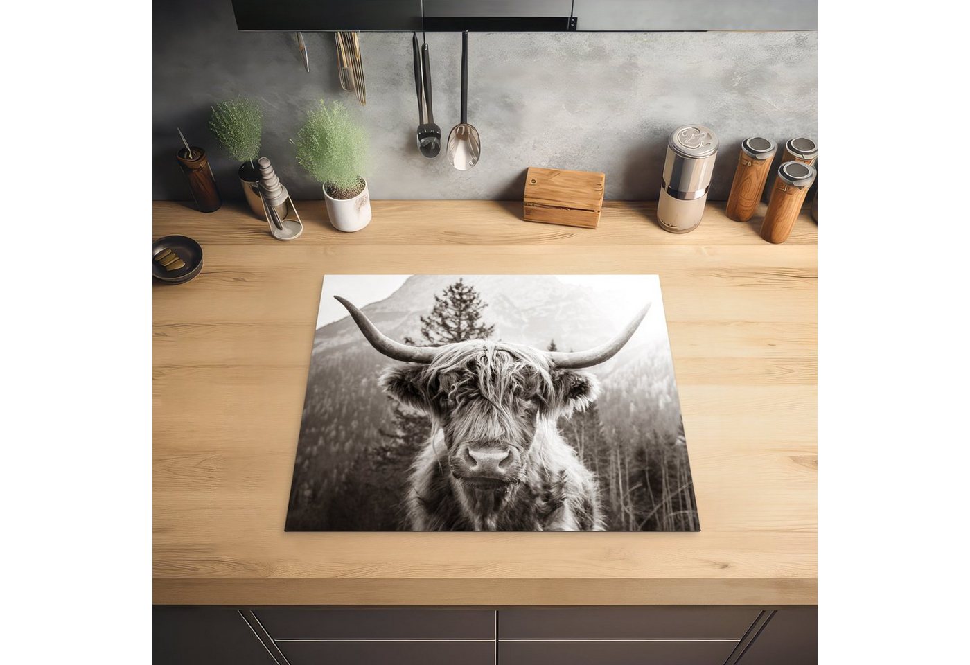 MuchoWow Herd-Abdeckplatte Schottischer Highlander - Tiere - Schwarz - Weiß, Vinyl, (1 tlg), Cerankochfeld Abdeckung, Herd Abdeckplatten Vinyl, 58.3x51.3 cm – Bild 3 von 4
