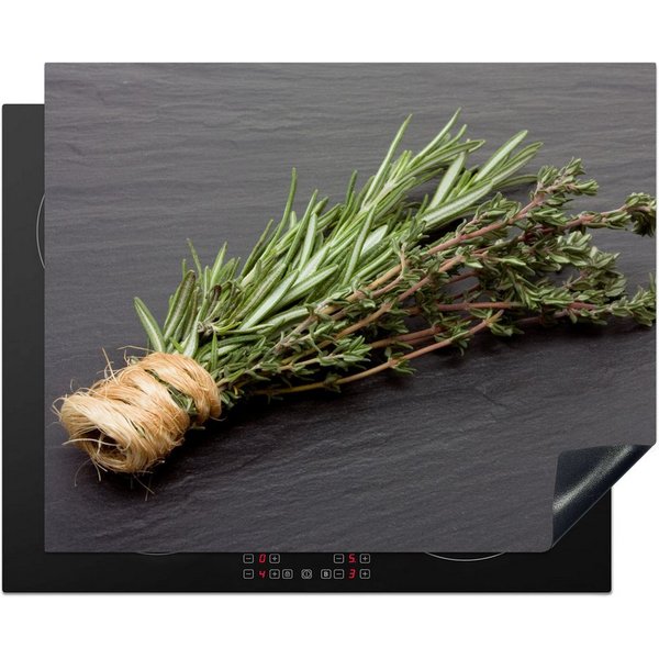 MuchoWow Herd-Abdeckplatte Thymian - Kräuter - Grün - Tisch - Küche - Stein, Vinyl, (1 tlg), Cerankochfeld Abdeckung, Herd Abdeckplatten Vinyl, 58.3x51.3 cm
