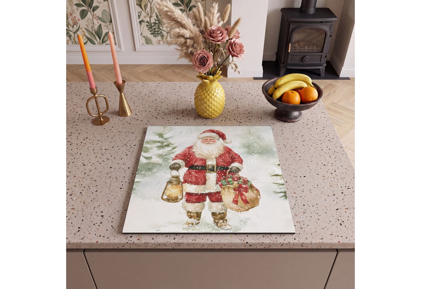 MuchoWow Herd-Abdeckplatte Weihnachtsmann - Winter - Schnee - Weiß - Rot, Vinyl, (1 tlg), Cerankochfeld Abdeckung, Herd Abdeckplatten Vinyl, 58x59 cm – Bild 2 von 5