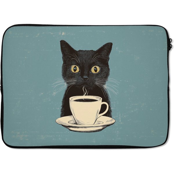MuchoWow Laptop-Hülle Katze - Schwarz - Kaffee - Minimalistisch 14 Zoll, Schutzhülle für Laptop, Schutz gegen Kratzern, Laptoptasche
