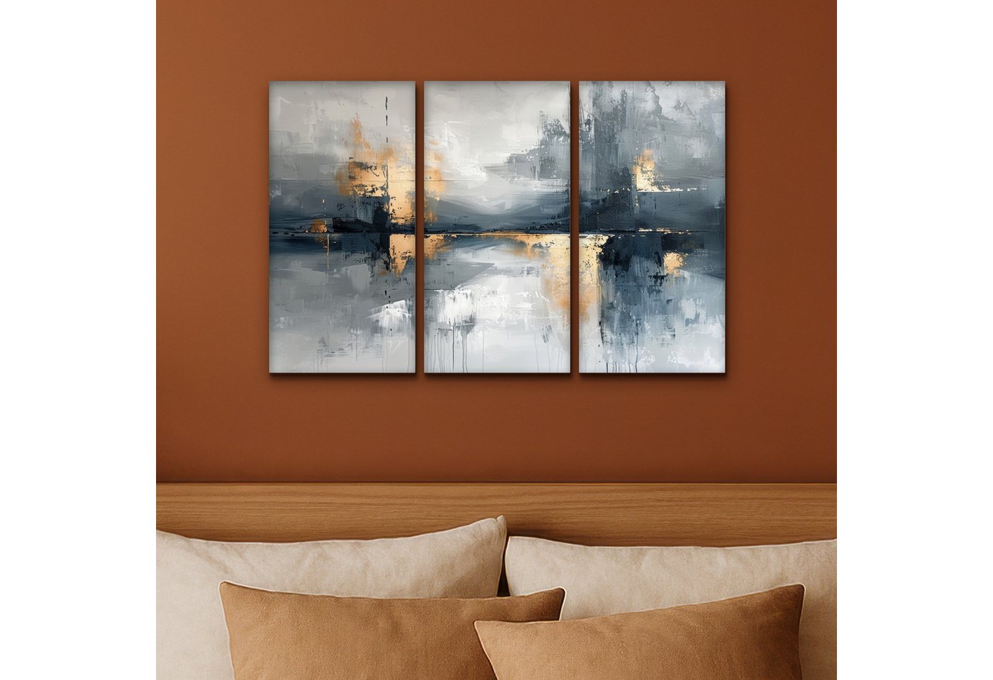 MuchoWow Leinwandbild Abstrakt - Grau - Gold - Modern, Fotodruck (3 St), Wand Bilder 3 Set, Deko Schlafzimmer Wohnzimmer Flur 60x40 cm – Bild 4 von 5