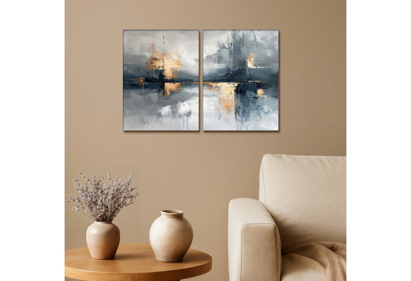 MuchoWow Leinwandbild Abstrakt - Grau - Gold - Modern, Fotodruck (2 St), Wand Bilder 2 Set, Deko Schlafzimmer Wohnzimmer Flur 60x40 cm – Bild 2 von 5