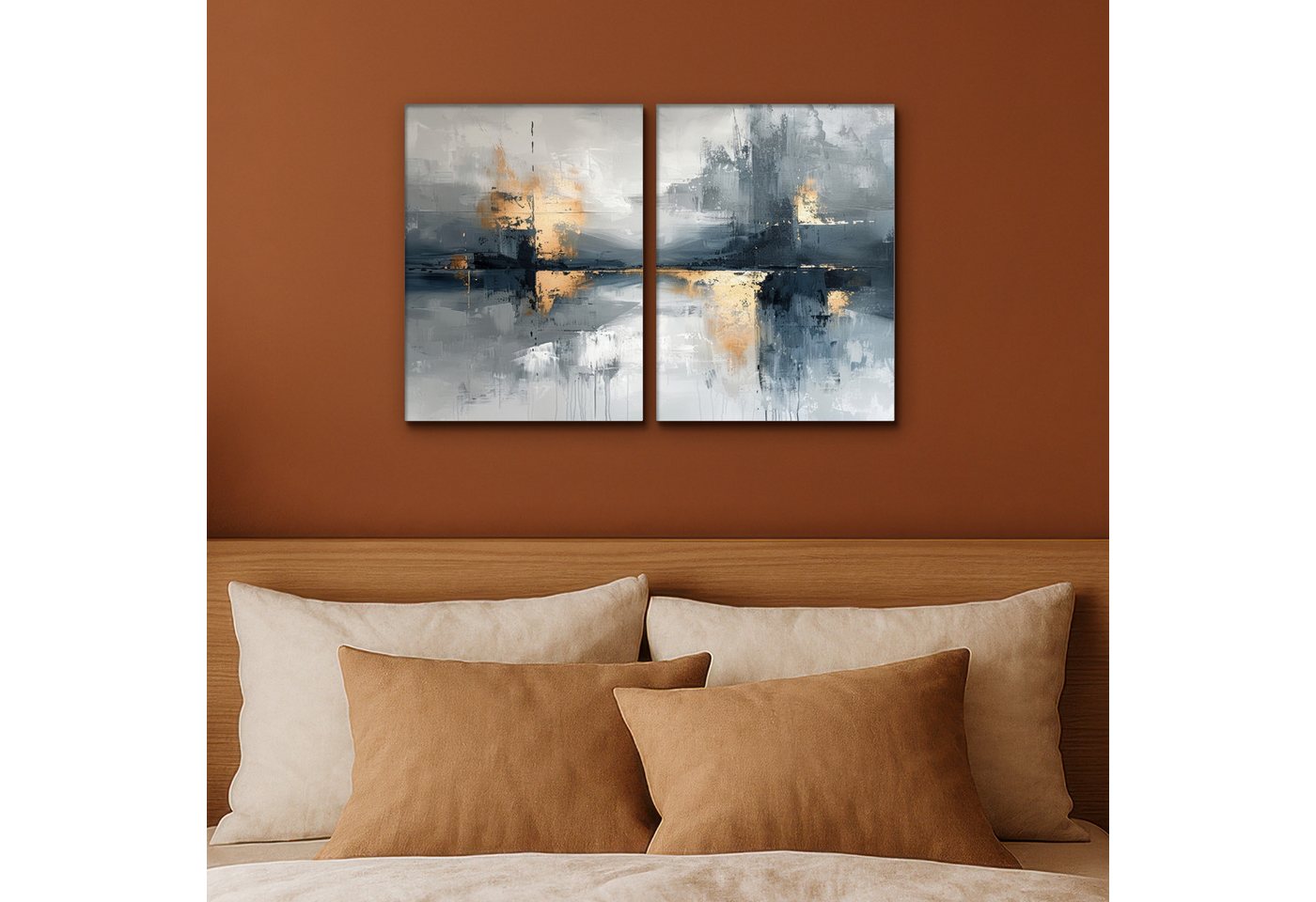 MuchoWow Leinwandbild Abstrakt - Grau - Gold - Modern, Fotodruck (2 St), Wand Bilder 2 Set, Deko Schlafzimmer Wohnzimmer Flur 60x40 cm – Bild 4 von 5