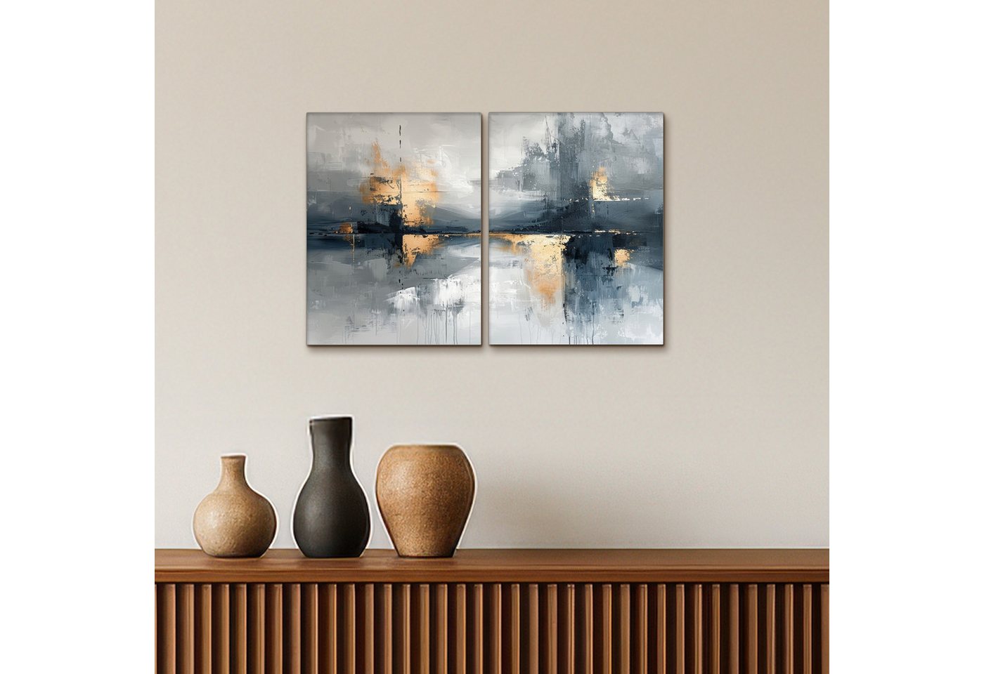 MuchoWow Leinwandbild Abstrakt - Grau - Gold - Modern, Fotodruck (2 St), Wand Bilder 2 Set, Deko Schlafzimmer Wohnzimmer Flur 60x40 cm – Bild 5 von 5