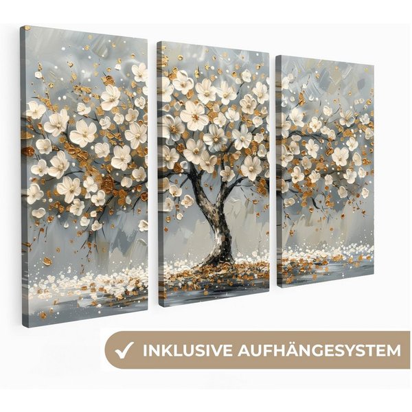 MuchoWow Leinwandbild Baum - Abstrakt - Weiß - Blüte, Fotodruck (3 St), Wand Bilder 3 Set, Deko Schlafzimmer Wohnzimmer Flur 60x40 cm