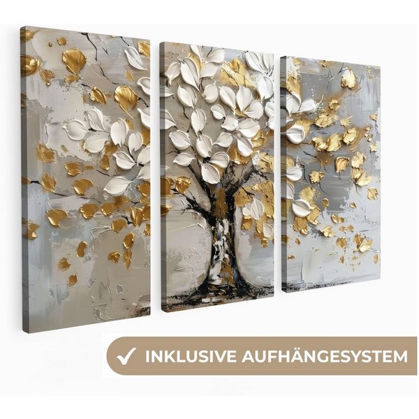 MuchoWow Leinwandbild Baum - Weiß - Gold - Lackoptik, Fotodruck (3 St), Wand Bilder 3 Set, Deko Schlafzimmer Wohnzimmer Flur 60x40 cm