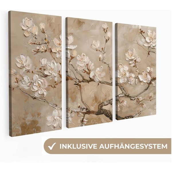 MuchoWow Leinwandbild Beige - Blüte - Modern, Fotodruck (3 St), Wand Bilder 3 Set, Deko Schlafzimmer Wohnzimmer Flur 60x40 cm