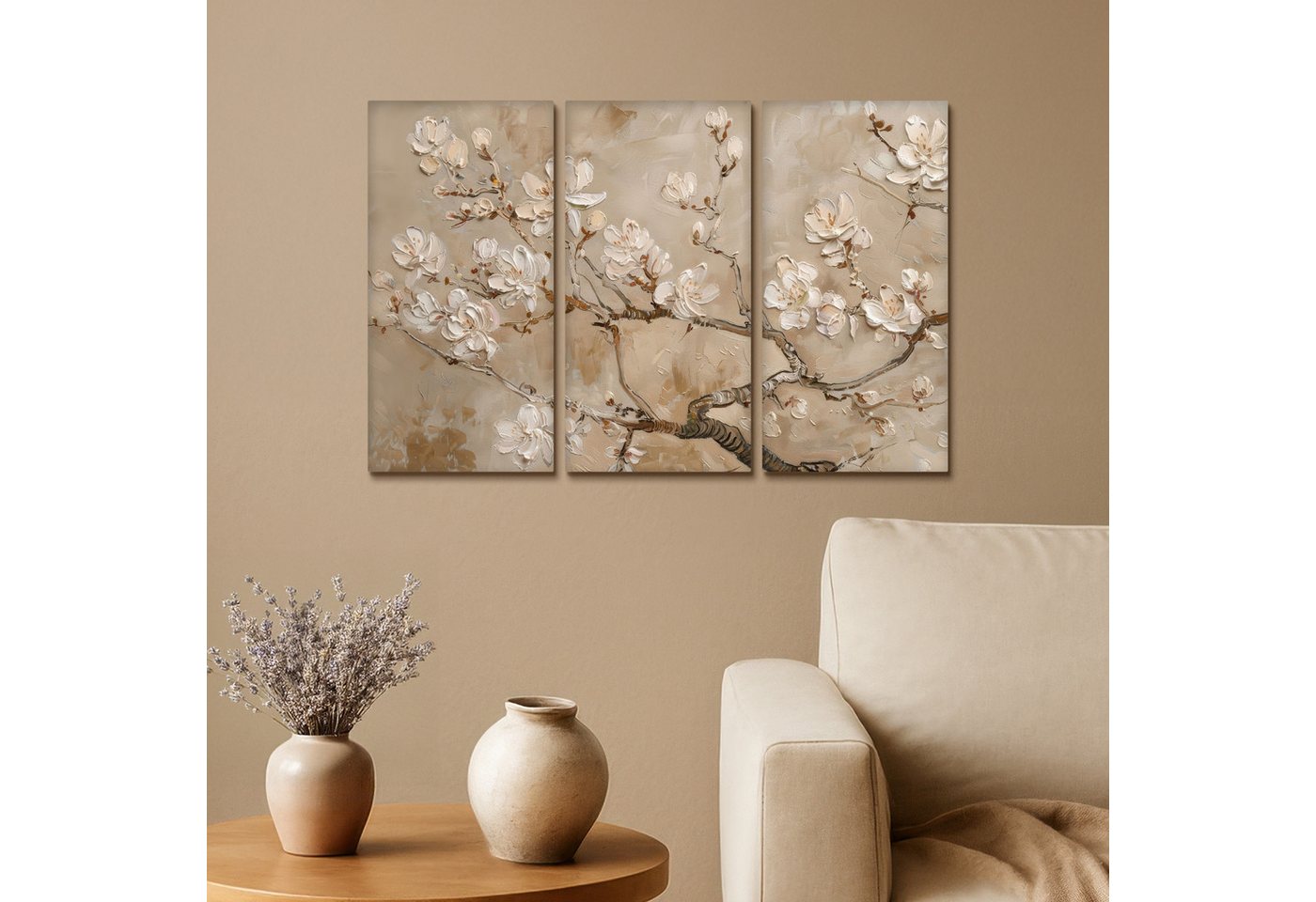 MuchoWow Leinwandbild Beige - Blüte - Modern, Fotodruck (3 St), Wand Bilder 3 Set, Deko Schlafzimmer Wohnzimmer Flur 60x40 cm – Bild 2 von 5