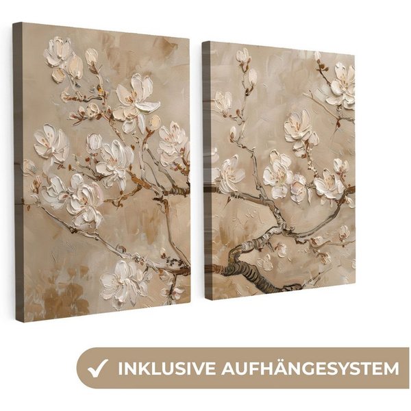 MuchoWow Leinwandbild Beige - Blüte - Modern, Fotodruck (2 St), Wand Bilder 2 Set, Deko Schlafzimmer Wohnzimmer Flur 60x40 cm