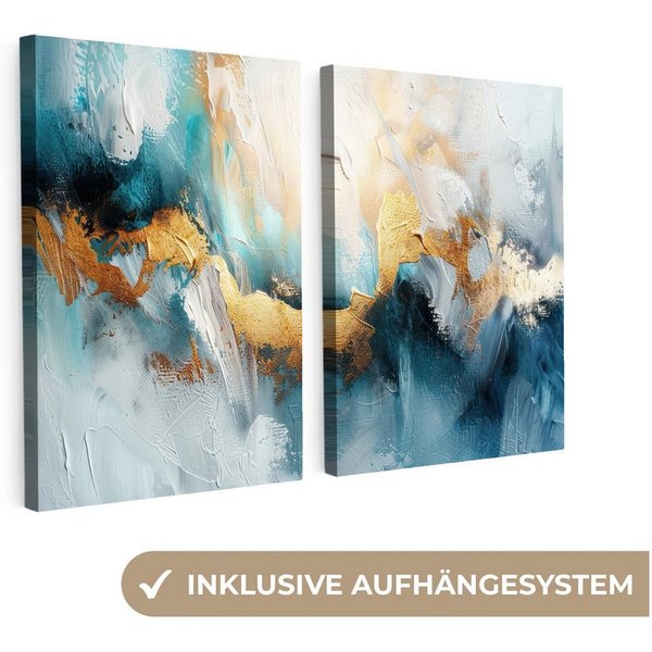 MuchoWow Leinwandbild Blau - Abstrakt - Weiß - Gold - Farbe, Fotodruck (2 St), Wand Bilder 2 Set, Deko Schlafzimmer Wohnzimmer Flur 60x40 cm