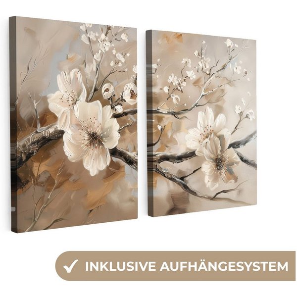 MuchoWow Leinwandbild Blüte - Beige - Abstrakt - Blumen, Fotodruck (2 St), Wand Bilder 2 Set, Deko Schlafzimmer Wohnzimmer Flur 60x40 cm