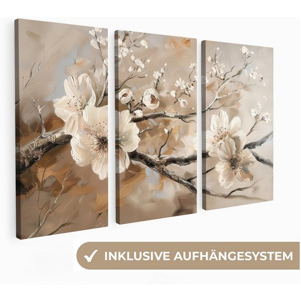 MuchoWow Leinwandbild Blüte - Beige - Abstrakt - Blumen, Fotodruck (3 St), Wand Bilder 3 Set, Deko Schlafzimmer Wohnzimmer Flur 60x40 cm