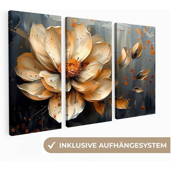 MuchoWow Leinwandbild Blume - Gold - Abstrakt - Farbe, Fotodruck (3 St), Wand Bilder 3 Set, Deko Schlafzimmer Wohnzimmer Flur 60x40 cm