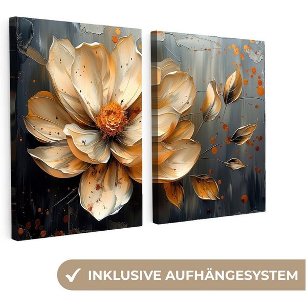 MuchoWow Leinwandbild Blume - Gold - Abstrakt - Farbe, Fotodruck (2 St), Wand Bilder 2 Set, Deko Schlafzimmer Wohnzimmer Flur 60x40 cm