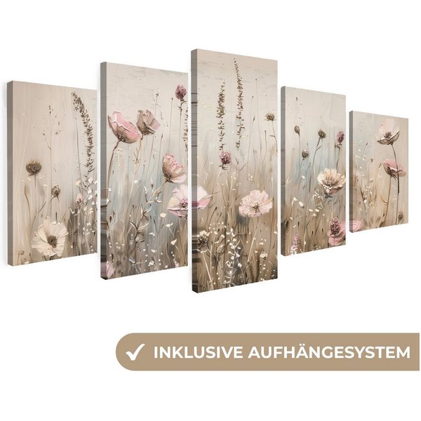 MuchoWow Leinwandbild Blumen - Beige - Modern - Rosa, Fotodruck (5 St), Wand Bilder 5 Set, Deko Schlafzimmer Wohnzimmer Flur 100x50 cm