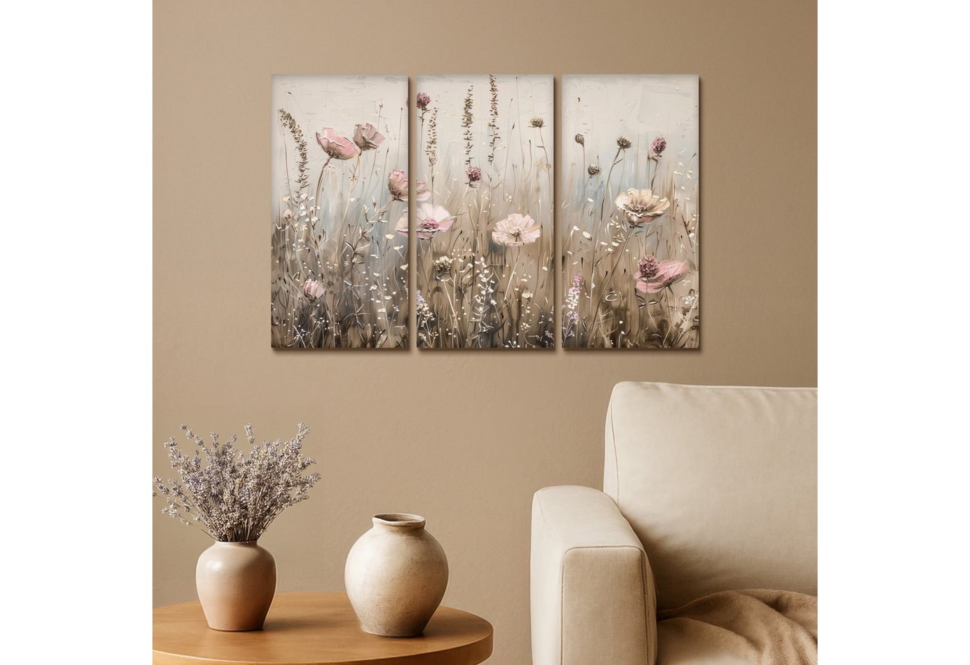 MuchoWow Leinwandbild Blumen - Beige - Modern - Rosa, Fotodruck (3 St), Wand Bilder 3 Set, Deko Schlafzimmer Wohnzimmer Flur 60x40 cm – Bild 2 von 5