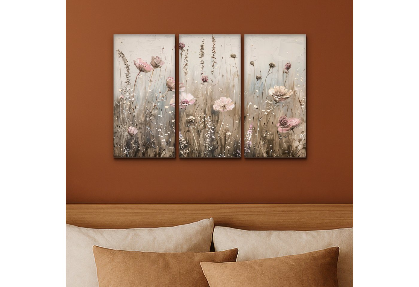 MuchoWow Leinwandbild Blumen - Beige - Modern - Rosa, Fotodruck (3 St), Wand Bilder 3 Set, Deko Schlafzimmer Wohnzimmer Flur 60x40 cm – Bild 4 von 5