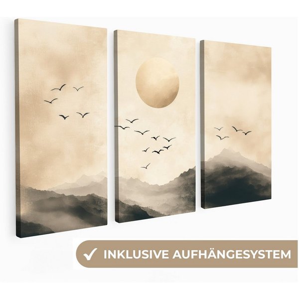 MuchoWow Leinwandbild Landschaft - Japandi - Beige - Vögel, Fotodruck (3 St), Wand Bilder 3 Set, Deko Schlafzimmer Wohnzimmer Flur 60x40 cm
